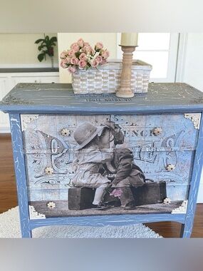 Vintage Blue Distressed Wood Dresser with Romantic Decoupage